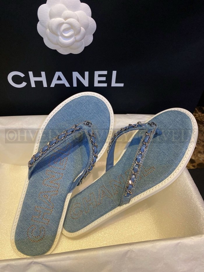 샤넬 CC 로고 체인 데님 플립플랍