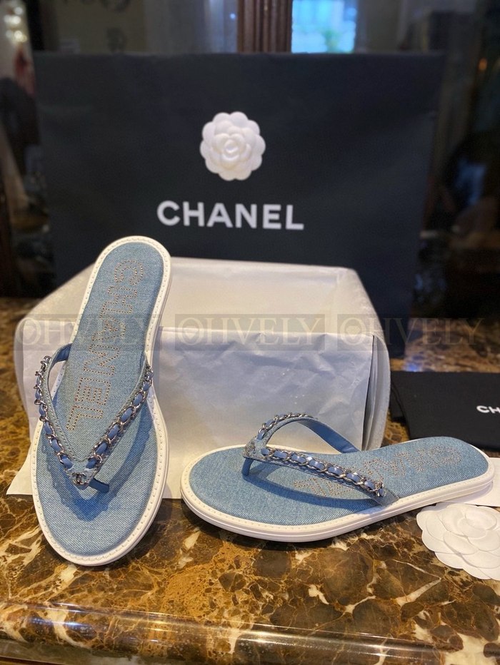 샤넬 CC 로고 체인 데님 플립플랍